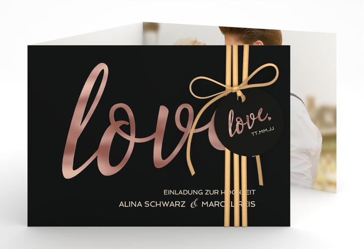 Hochzeitseinladung Glam A6 Doppel-Klappkarte schwarz rosegold