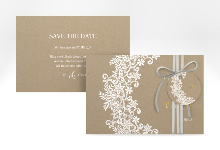 Save the Date-Karte Mariage A6 Karte quer gold mit Bogen aus weißer Spitze