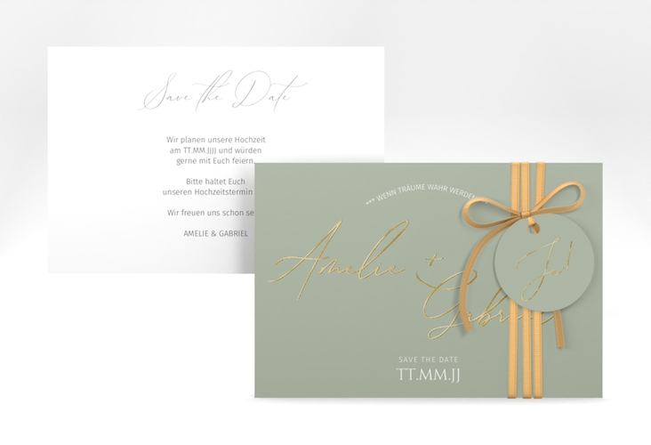 Save the Date-Karte Federschrift A6 Karte quer gold in schlichtem Design mit Kalligrafie