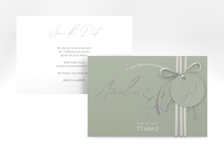 Save the Date-Karte Federschrift A6 Karte quer silber in schlichtem Design mit Kalligrafie
