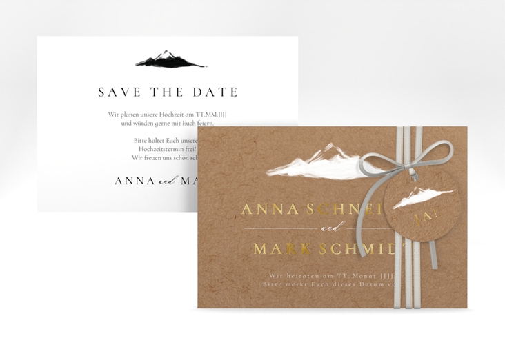 Save the Date-Karte Berghochzeit A6 Karte quer gold mit Berg-Motiv