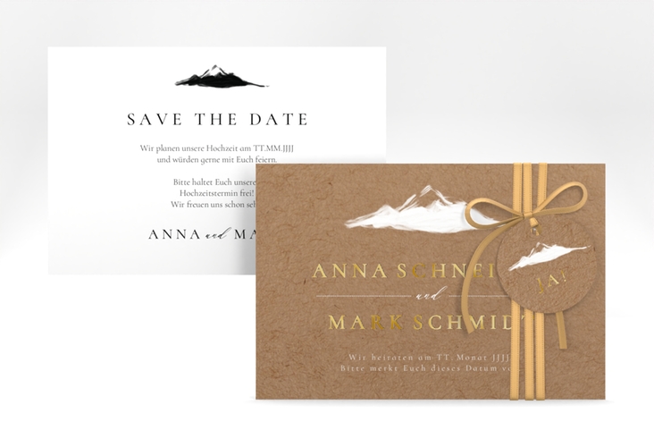 Save the Date-Karte Berghochzeit A6 Karte quer gold mit Berg-Motiv