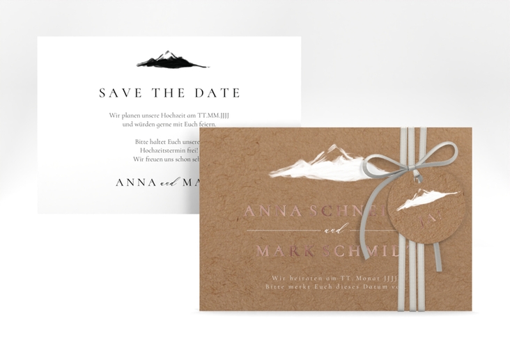 Save the Date-Karte Berghochzeit A6 Karte quer rosegold mit Berg-Motiv