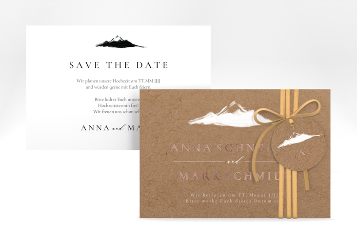 Save the Date-Karte Berghochzeit A6 Karte quer rosegold mit Berg-Motiv