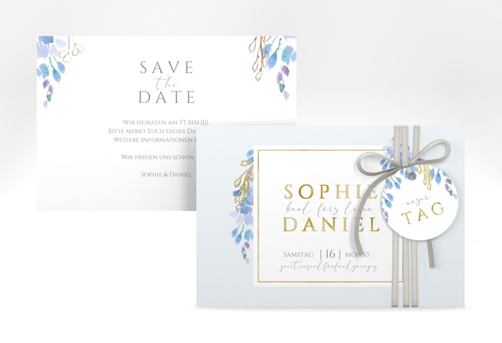 Save the Date-Karte Blauregen A6 Karte quer gold mit Wisteria-Blüten