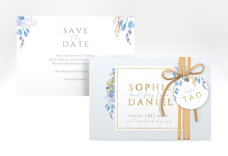 Save the Date-Karte Blauregen A6 Karte quer gold mit Wisteria-Blüten