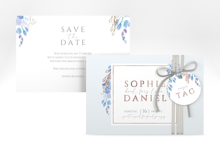 Save the Date-Karte Blauregen A6 Karte quer rosegold mit Wisteria-Blüten