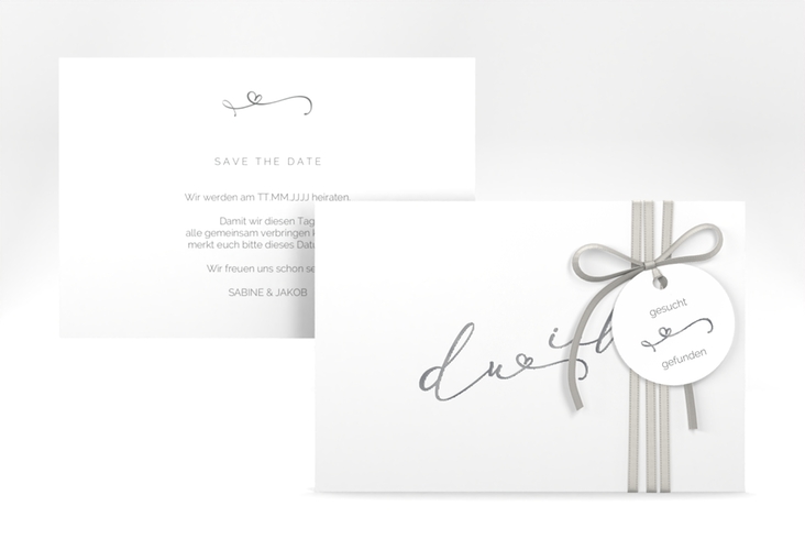 Save the Date-Karte Zweisamkeit A6 Karte quer silber im minimalistischen Stil mit Aufschrift du & ich