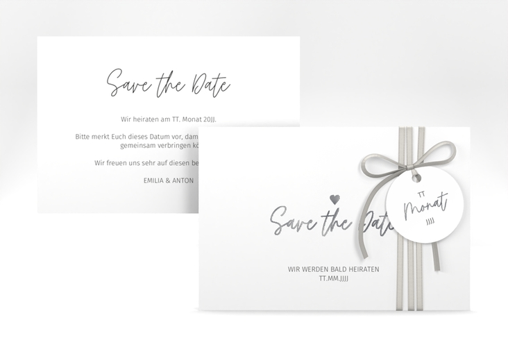 Save the Date-Karte Herzschlag A6 Karte quer silber schlicht und elegant mit Herzchen