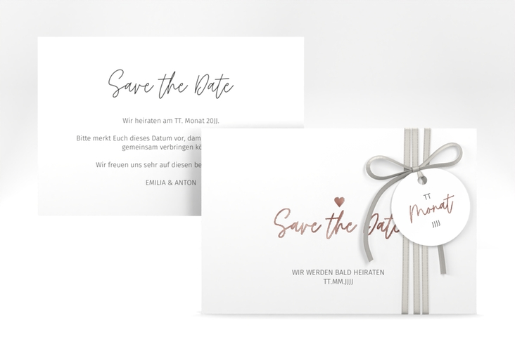 Save the Date-Karte Herzschlag A6 Karte quer rosegold schlicht und elegant mit Herzchen