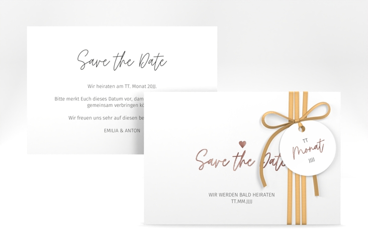 Save the Date-Karte Herzschlag A6 Karte quer rosegold schlicht und elegant mit Herzchen