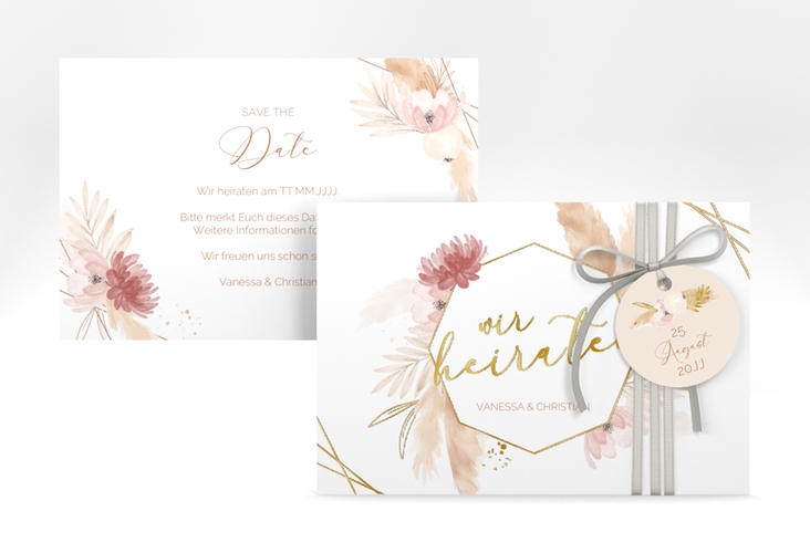 Save the Date-Karte Bohostyle A6 Karte quer gold mit Pampasgras in Aquarell