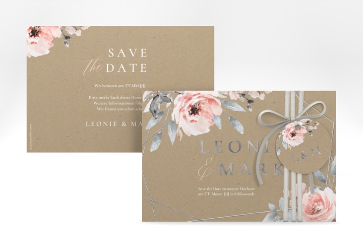 Save the Date-Karte Perfection A6 Karte quer silber mit rosa Rosen
