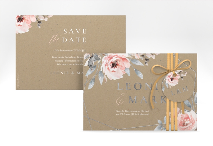 Save the Date-Karte Perfection A6 Karte quer silber mit rosa Rosen