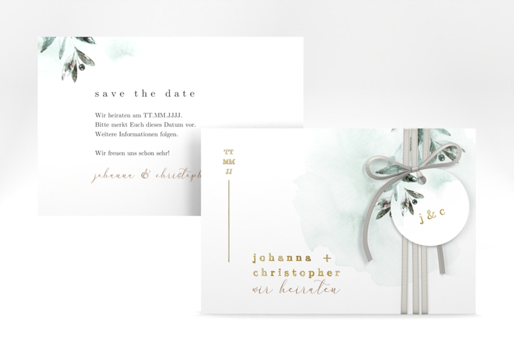 Save the Date-Karte Mediterran A6 Karte quer gold mit Lorbeerzweig in Aquarell