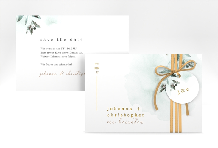 Save the Date-Karte Mediterran A6 Karte quer gold mit Lorbeerzweig in Aquarell