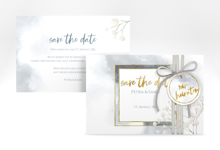 Save the Date-Karte Winter A6 Karte quer gold mit Schleierkraut