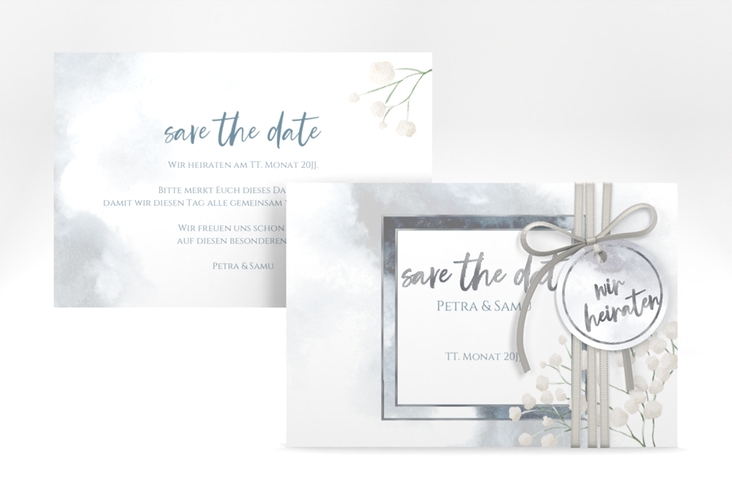 Save the Date-Karte Winter A6 Karte quer silber mit Schleierkraut