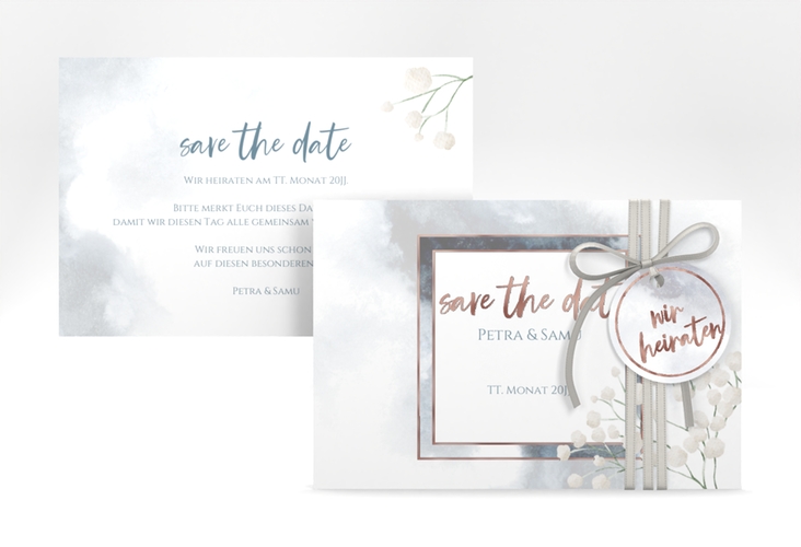 Save the Date-Karte Winter A6 Karte quer rosegold mit Schleierkraut