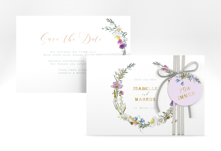 Save the Date-Karte Blumengarten A6 Karte quer gold mit Blumenkranz und Hummel