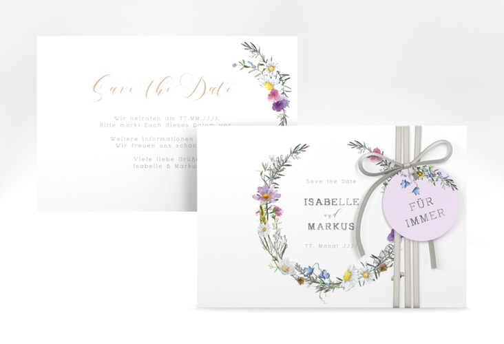 Save the Date-Karte Blumengarten A6 Karte quer silber mit Blumenkranz und Hummel