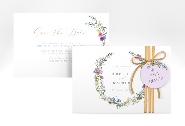 Save the Date-Karte Blumengarten A6 Karte quer silber mit Blumenkranz und Hummel