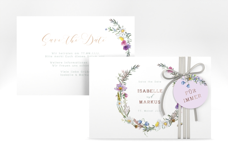 Save the Date-Karte Blumengarten A6 Karte quer rosegold mit Blumenkranz und Hummel