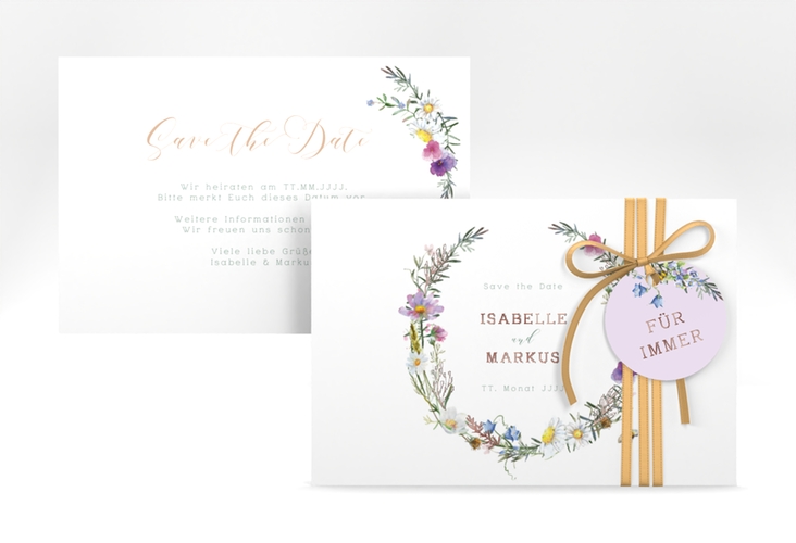 Save the Date-Karte Blumengarten A6 Karte quer rosegold mit Blumenkranz und Hummel