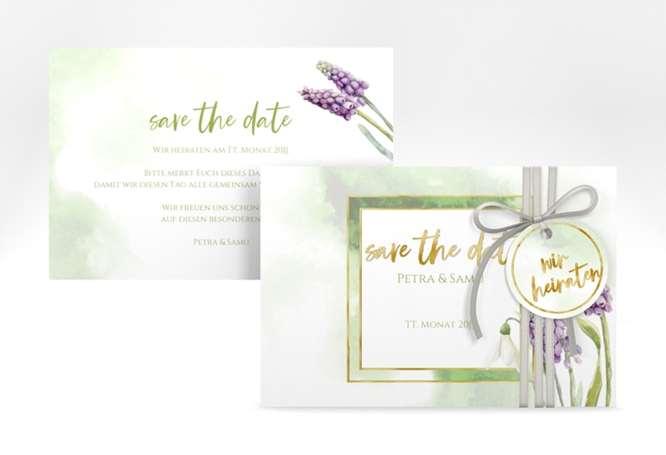 Save the Date-Karte Frühling A6 Karte quer gold mit Frühlingsblumen in Aquarell