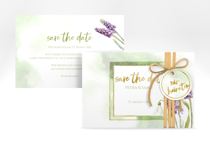 Save the Date-Karte Frühling A6 Karte quer gold mit Frühlingsblumen in Aquarell