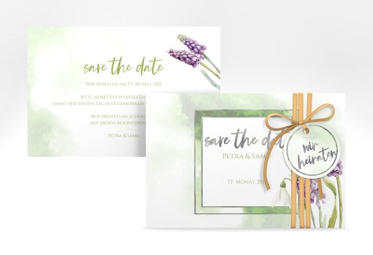 Save the Date-Karte Frühling A6 Karte quer silber mit Frühlingsblumen in Aquarell