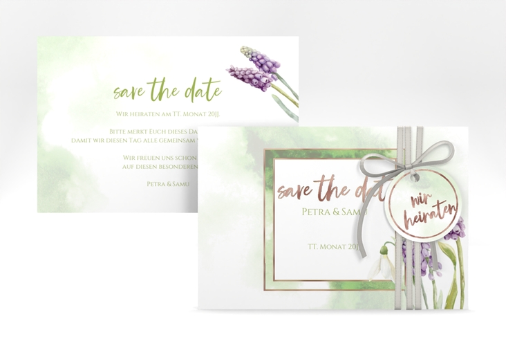 Save the Date-Karte Frühling A6 Karte quer rosegold mit Frühlingsblumen in Aquarell