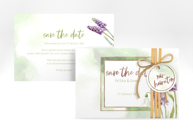 Save the Date-Karte Frühling A6 Karte quer rosegold mit Frühlingsblumen in Aquarell
