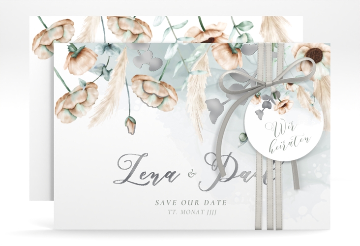 Save the Date-Karte Anemone A6 Karte quer silber