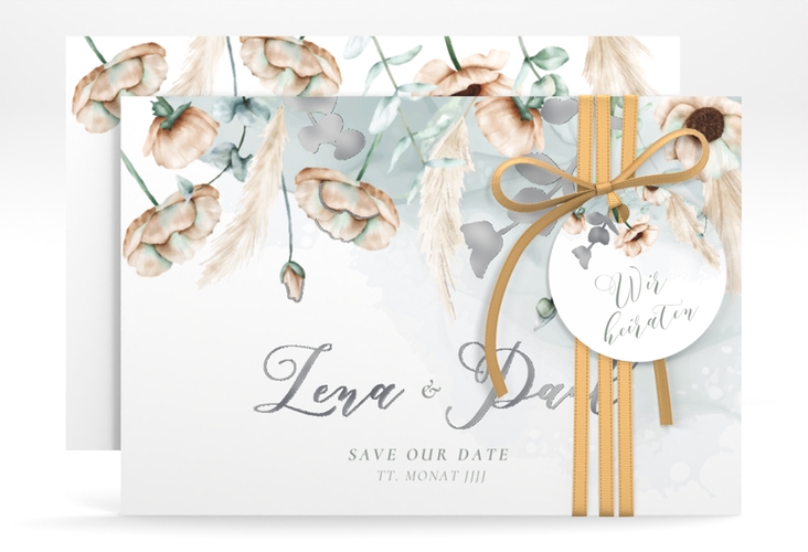 Save the Date-Karte Anemone A6 Karte quer silber
