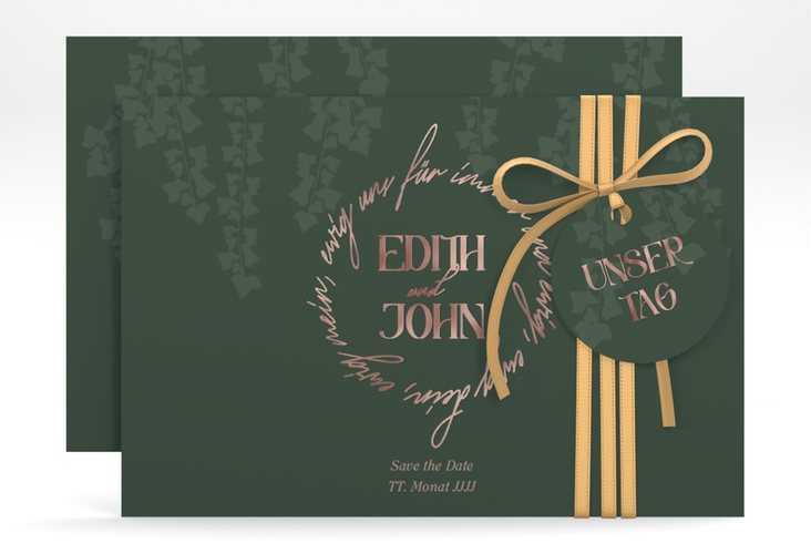 Save the Date-Karte Efeugrün A6 Karte quer rosegold im Fantasy-Elfen-Design mit Efeu