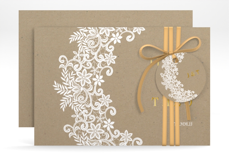 Save the Date-Karte Mariage A6 Karte quer gold mit Bogen aus weißer Spitze