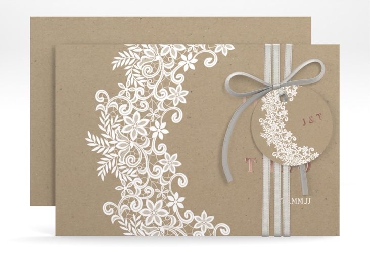 Save the Date-Karte Mariage A6 Karte quer rosegold mit Bogen aus weißer Spitze
