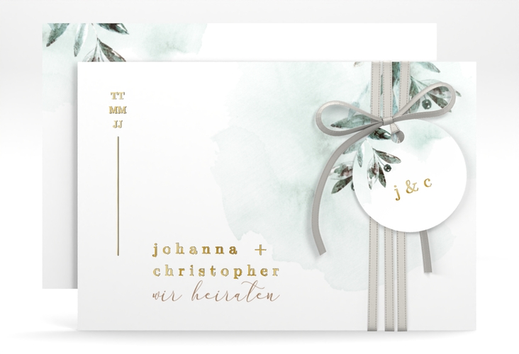 Save the Date-Karte Mediterran A6 Karte quer gold mit Lorbeerzweig in Aquarell