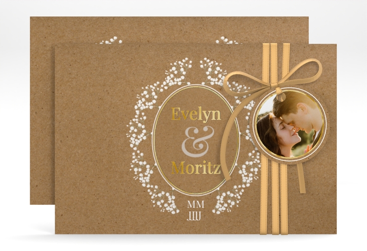 Save the Date-Karte Gypsophila A6 Karte quer gold im Vintage-Stil mit Blumenkranz aus Schleierkraut