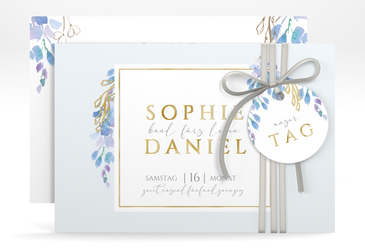 Save the Date-Karte Blauregen A6 Karte quer gold mit Wisteria-Blüten