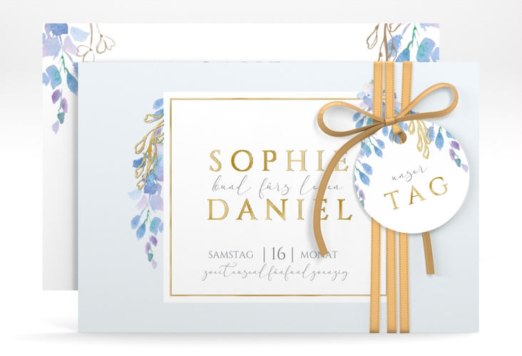 Save the Date-Karte Blauregen A6 Karte quer gold mit Wisteria-Blüten