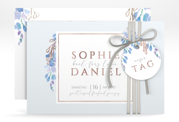 Save the Date-Karte Blauregen A6 Karte quer rosegold mit Wisteria-Blüten