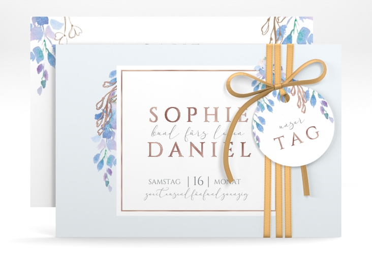 Save the Date-Karte Blauregen A6 Karte quer rosegold mit Wisteria-Blüten