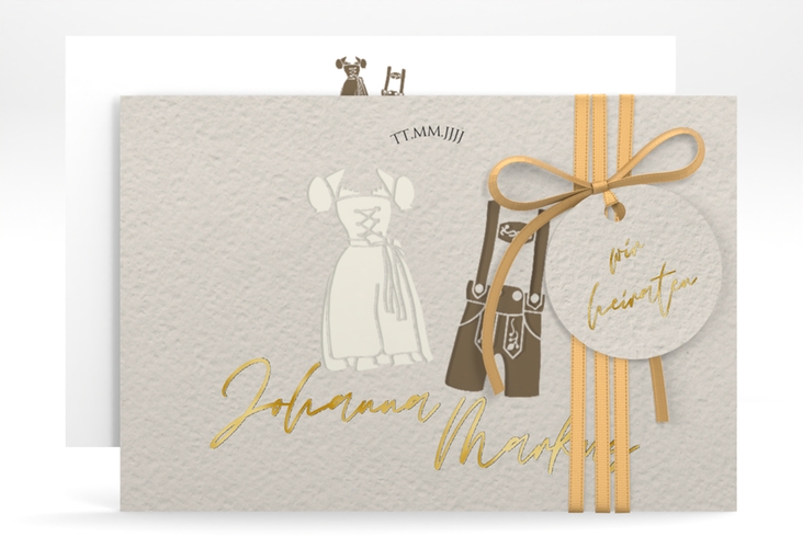Save the Date-Karte Trachtenhochzeit A6 Karte quer gold mit Dirndl und Lederhose
