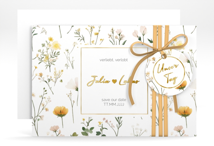 Save the Date-Karte Blumenwiese A6 Karte quer gold