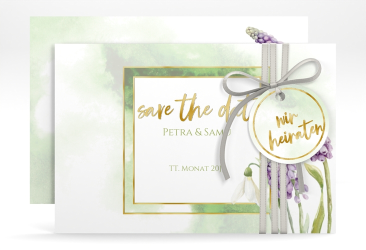 Save the Date-Karte Frühling A6 Karte quer gold mit Frühlingsblumen in Aquarell