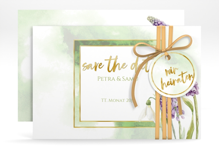 Save the Date-Karte Frühling A6 Karte quer gold mit Frühlingsblumen in Aquarell