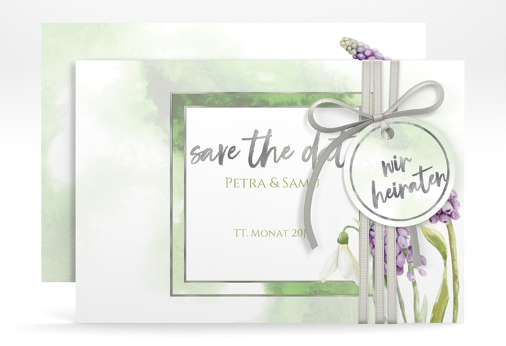 Save the Date-Karte Frühling A6 Karte quer silber mit Frühlingsblumen in Aquarell