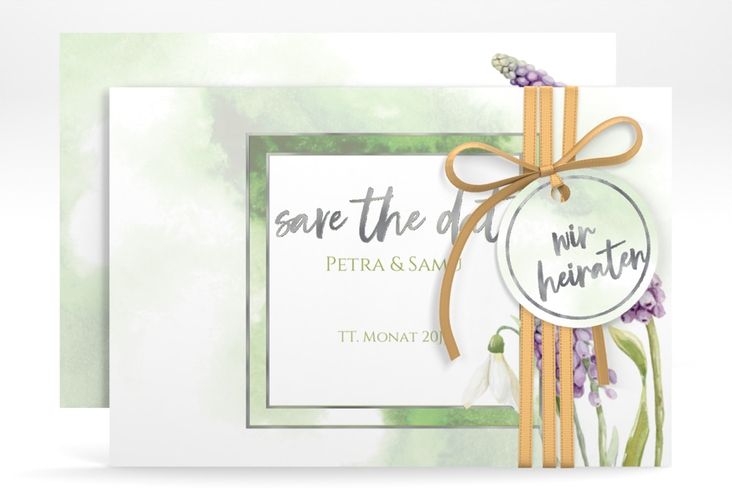 Save the Date-Karte Frühling A6 Karte quer silber mit Frühlingsblumen in Aquarell